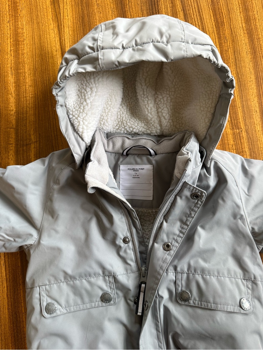 Polarn O. Pyret Light Gray NWOT 6-9M Hooded Puffer Jacket